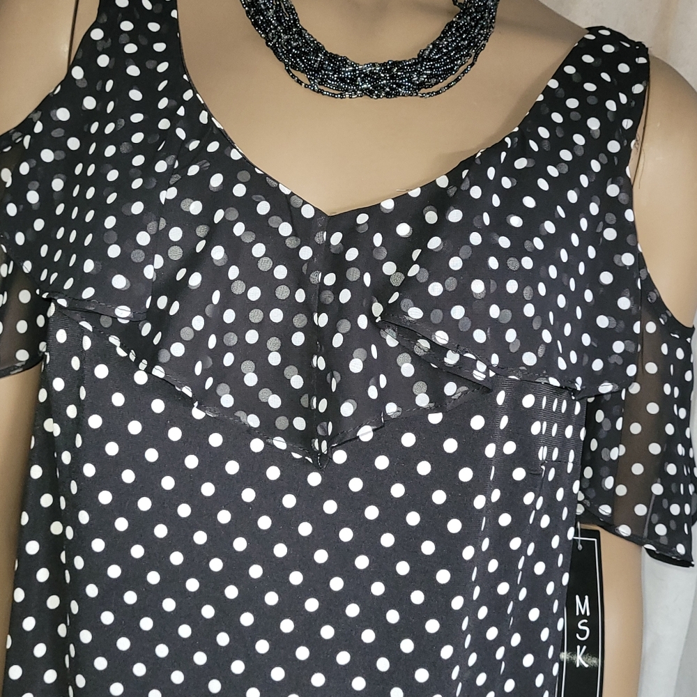 MSK Ruffle Cold Shoulder Black & White Dot Shift Dress - Picture 3 of 10
